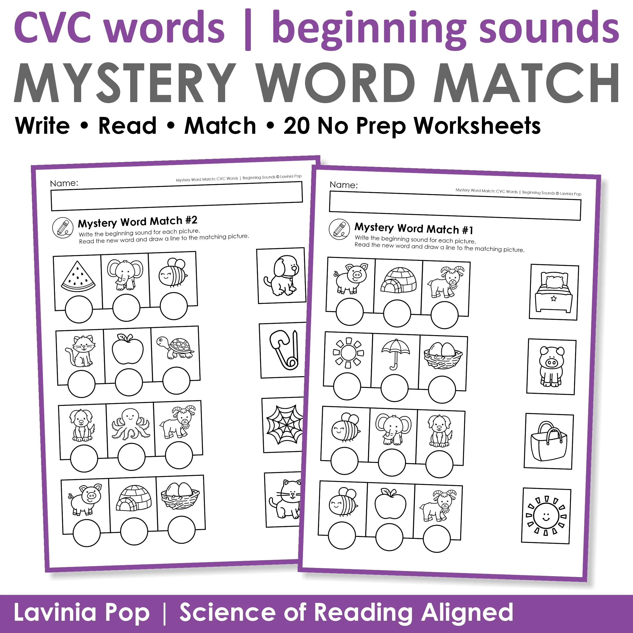 CVC Words Beginning Sounds Worksheets Mystery Word Match Cover CVC Words Beginning Sounds Worksheets Mystery Word Match cover with 20 no prep phonics worksheets for Kindergarten and Science of Reading aligned practice.