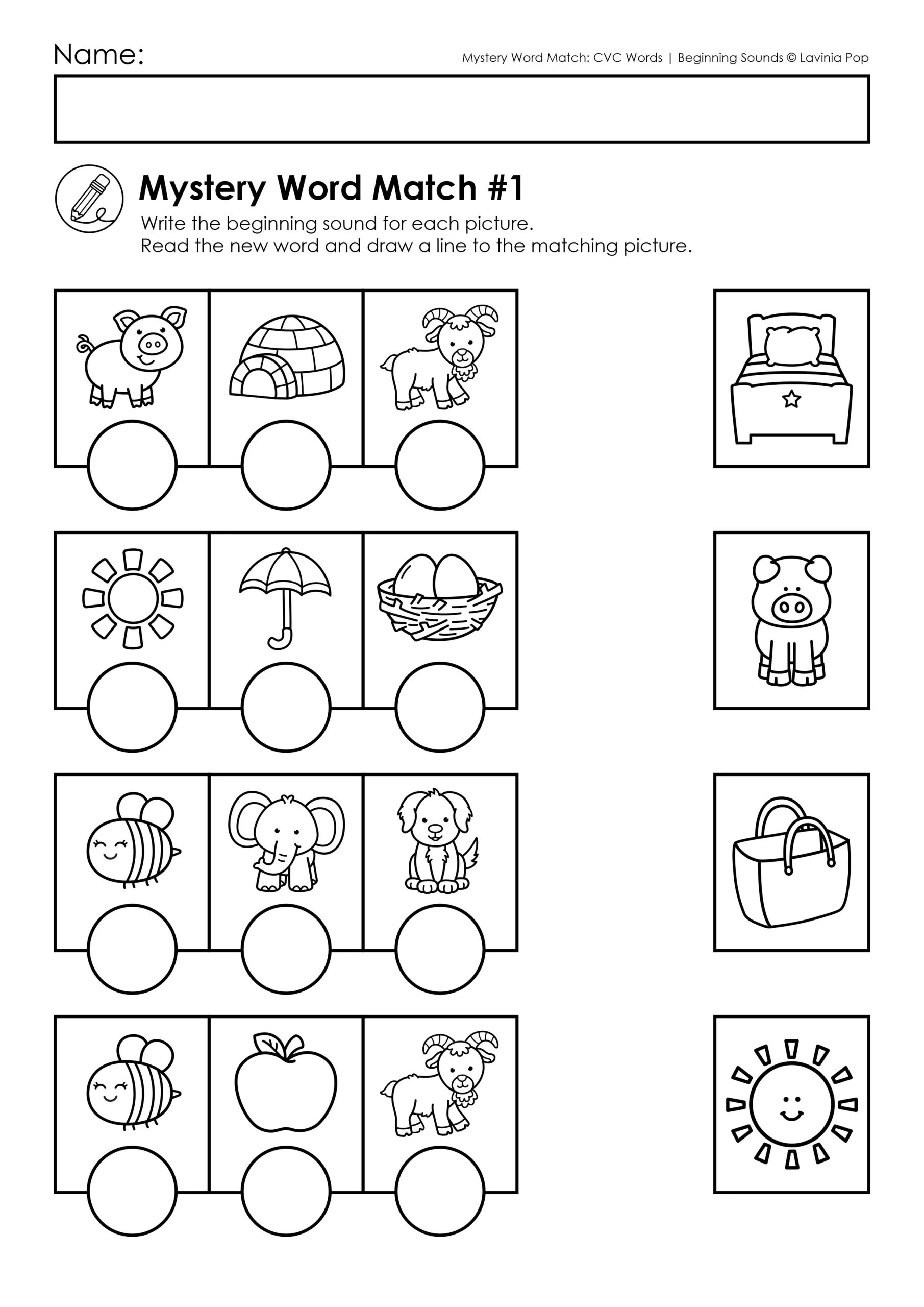 CVC Words Beginning Sounds Worksheets Mystery Word Match Worksheet 1 CVC Words Beginning Sounds Worksheets with picture clues, beginning sound circles, and matching pictures for reading and decoding CVC words.