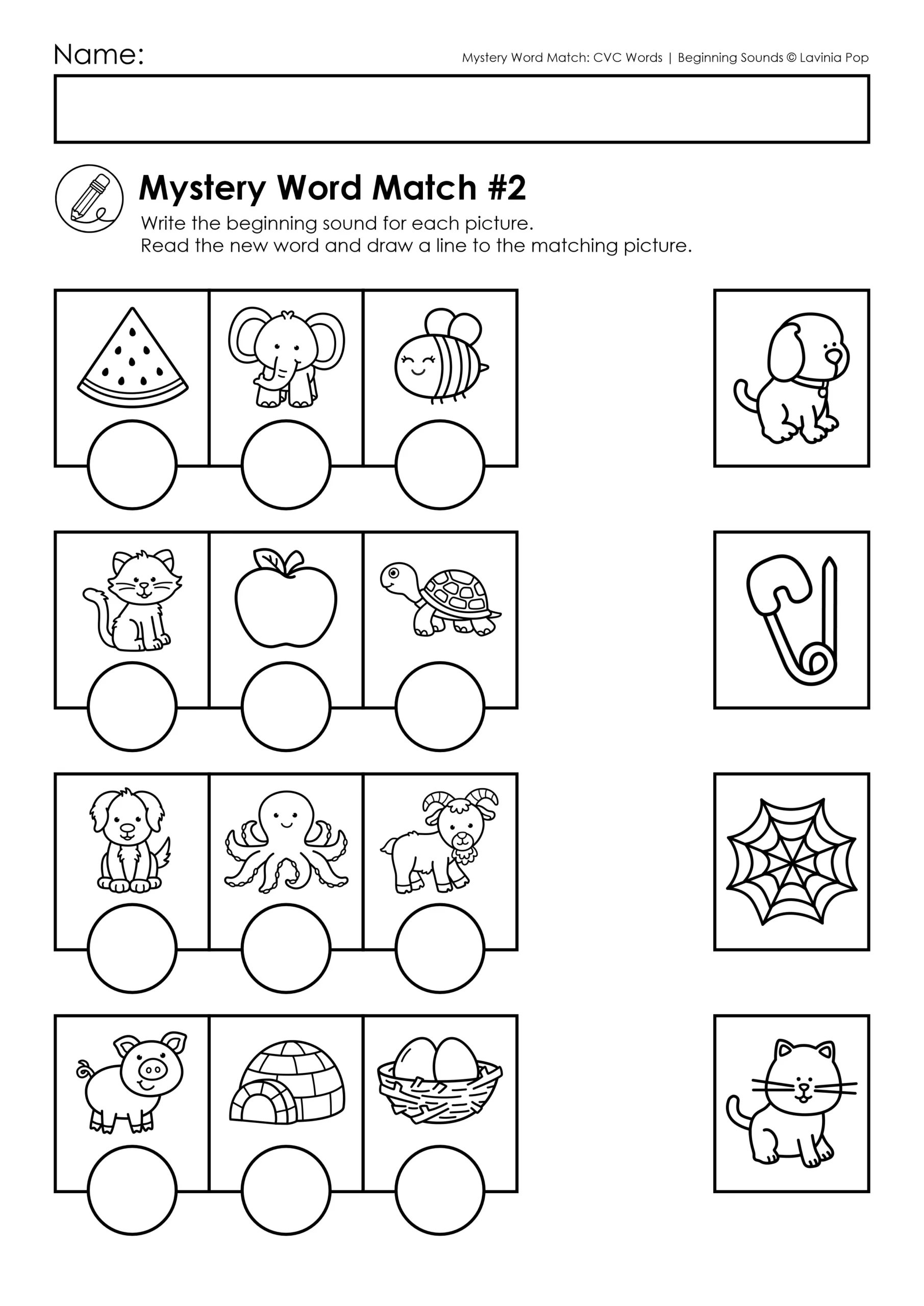 CVC Words Beginning Sounds Worksheets Mystery Word Match Worksheet 2 CVC Words Beginning Sounds Worksheets with four mystery word puzzles that help children write beginning sounds and read CVC words.