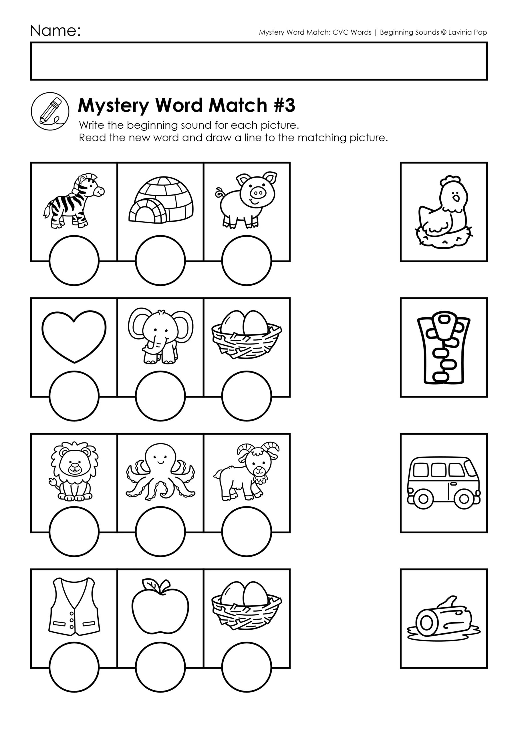 CVC Words Beginning Sounds Worksheets Mystery Word Match Worksheet 3 CVC Words Beginning Sounds Worksheets with beginning sound practice, picture matching, and early phonics activities for Kindergarten learners.