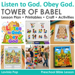 Tower of Babel preschool Bible lesson resources including booklets, crafts, sorting activities, and block building for preschool