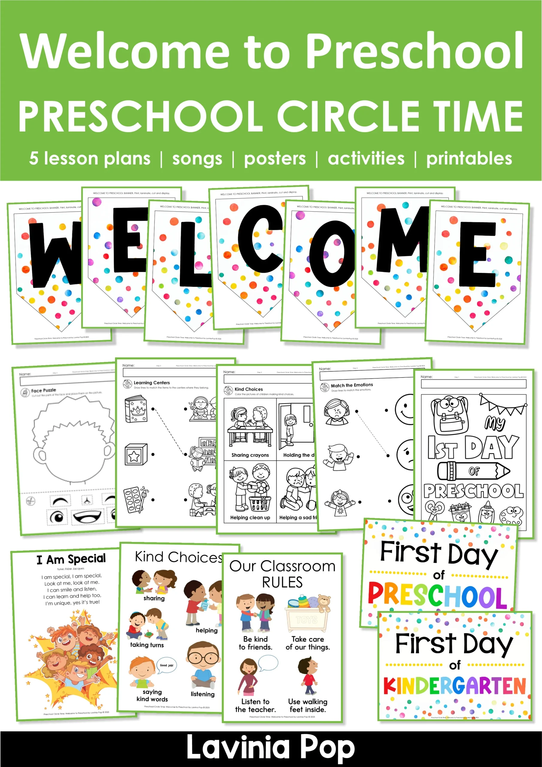 Welcome to Preschool Circle Time Plan Cover Welcome to Preschool Circle Time Plan featuring 5 first week lesson plans, songs, posters, printable activities, classroom banners, worksheets, and crafts for Preschool and Kindergarten. Perfect for building classroom routines, friendships, and community.