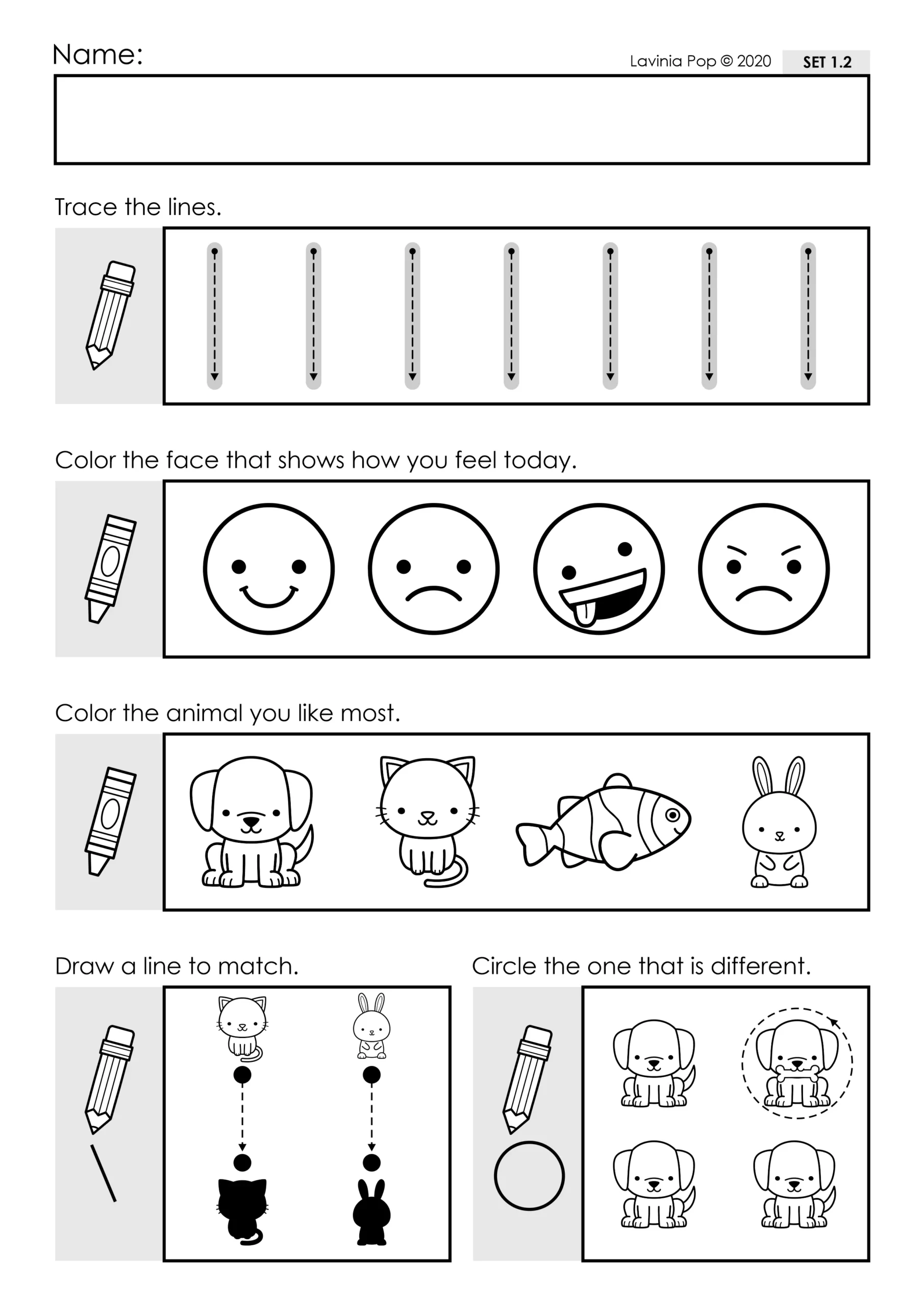 Preschool Morning Work Worksheet | Animals, Shadow Matching & Fine Motor Skills Preschool morning work worksheet featuring vertical line tracing, feelings faces, favorite animals, shadow matching, and visual discrimination activities. Children practice pencil control while exploring dog, cat, fish, and rabbit pictures. Ideal for Preschool, Pre-K, and Kindergarten.