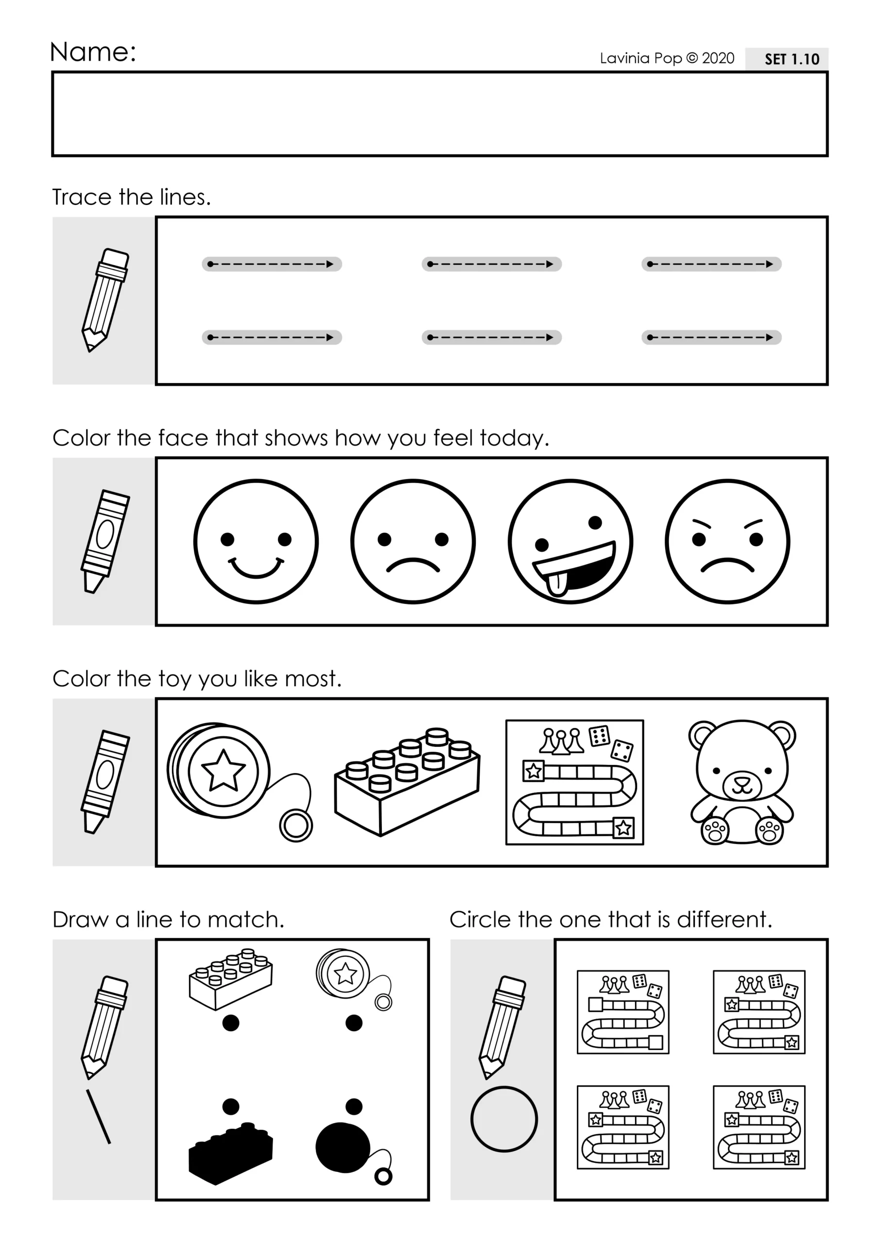 Preschool Morning Work Worksheet | Favorite Toys, Matching & Pencil Control Printable preschool worksheet with horizontal line tracing, feelings check-in, favorite toy pictures, shadow matching, and a find-the-different-picture activity. Includes yo-yo, building blocks, board game, and teddy bear images for fine motor and visual discrimination practice.