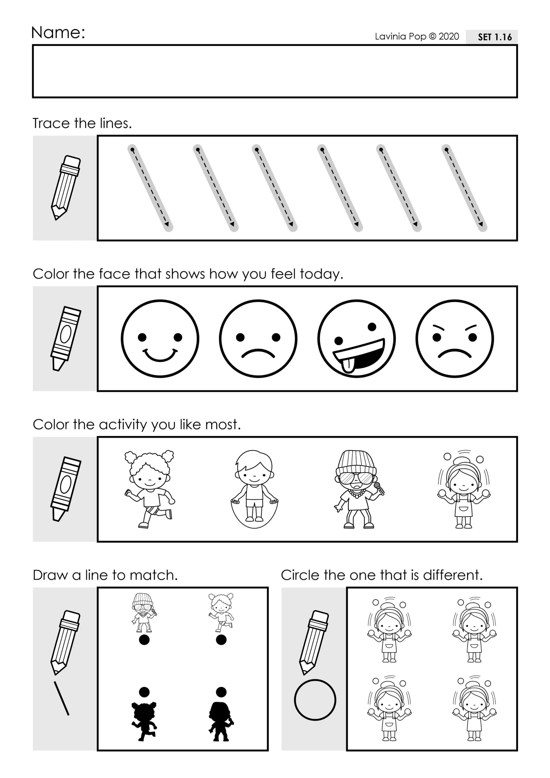 Preschool Morning Work Worksheet | Favorite Activities, Shadow Matching & Visual Discrimination Black and white preschool morning work worksheet featuring diagonal line tracing, feelings faces, favorite activities, shadow matching, and a visual discrimination activity where children circle the different picture. Designed for Preschool, Pre-K, and Kindergarten fine motor practice.