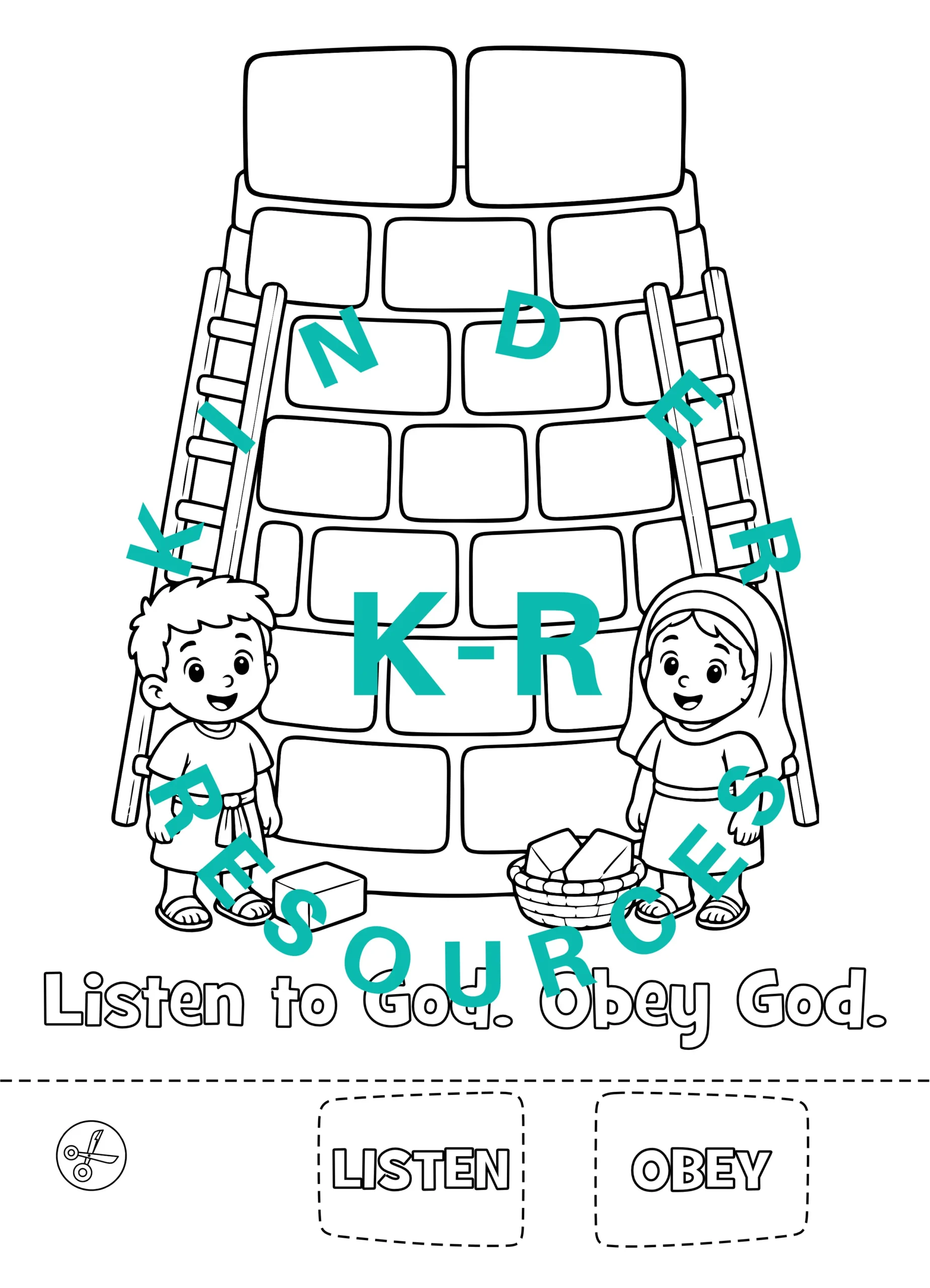 Tower of Babel Listen to God Obey God Craft Tower of Babel preschool craft with children, bricks, and the words Listen to God and Obey God