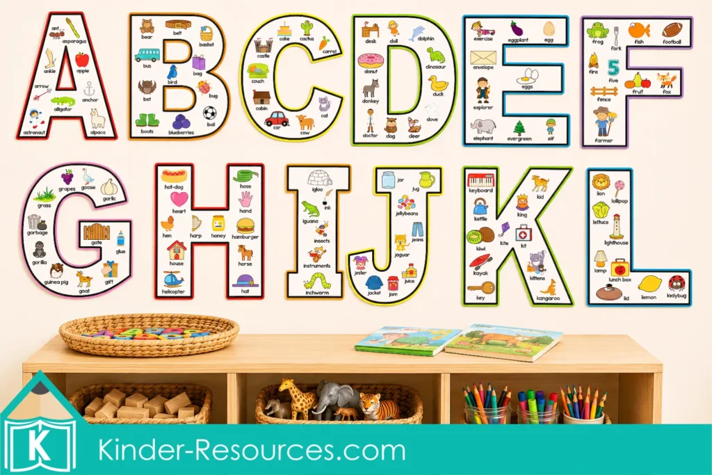 Alphabet Anchor Charts A through L displayed above a preschool shelf with magnetic letters, books, blocks, animals, pencils, and markers.