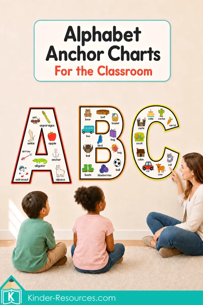 Teacher and two preschool children using Alphabet Anchor Charts A, B, and C during a classroom letter and beginning sound lesson.