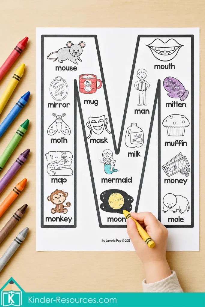 Child coloring pictures inside a black and white letter M Alphabet Anchor Chart with crayons on a wooden table.
