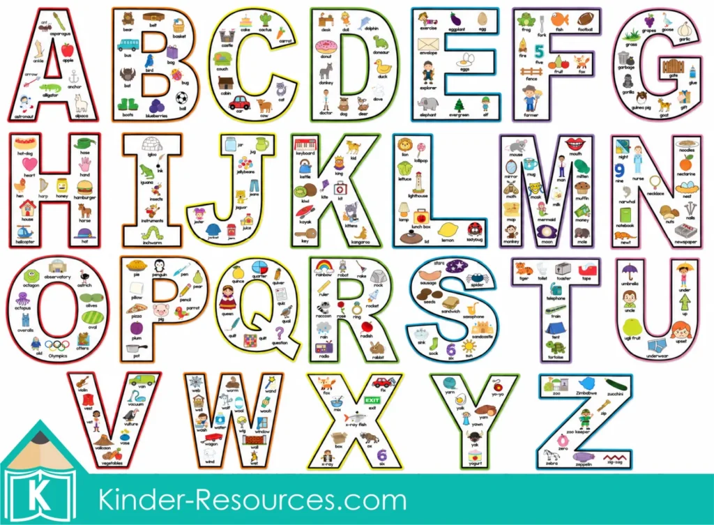 Complete set of colorful uppercase Alphabet Anchor Charts A through Z, each filled with labeled beginning sound pictures.