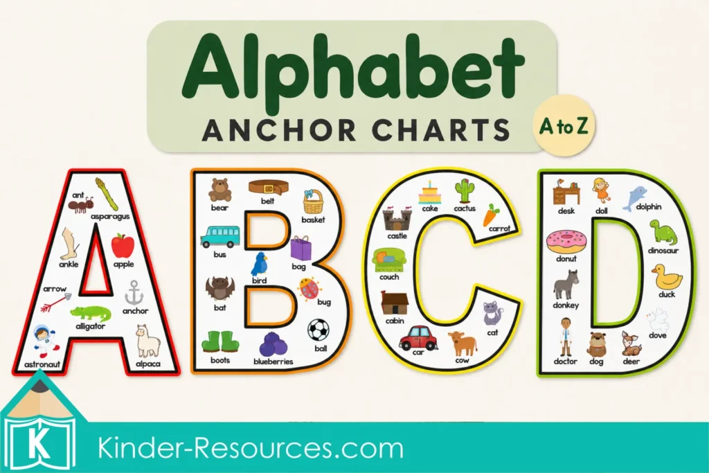 Complete set of colorful uppercase Alphabet Anchor Charts A through Z, each filled with labeled beginning sound pictures.
