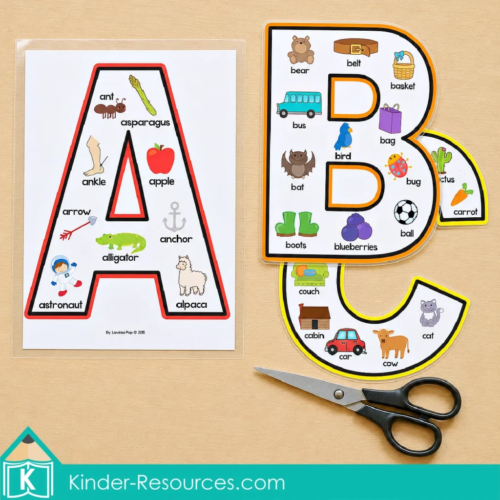 Printable letter A in a laminating pouch beside cutout letters B and C and classroom scissors on a wooden table.