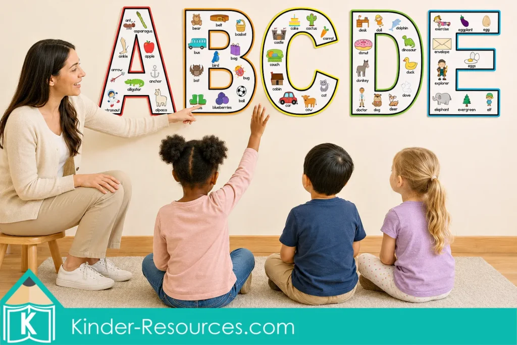 Teacher using Alphabet Anchor Charts A through E with three preschool children during a beginning sound lesson.