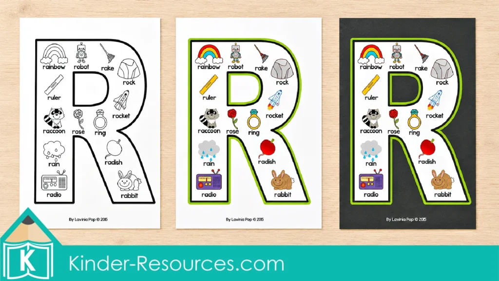 Letter R Alphabet Anchor Charts shown in black and white, color on white, and color on a black background.