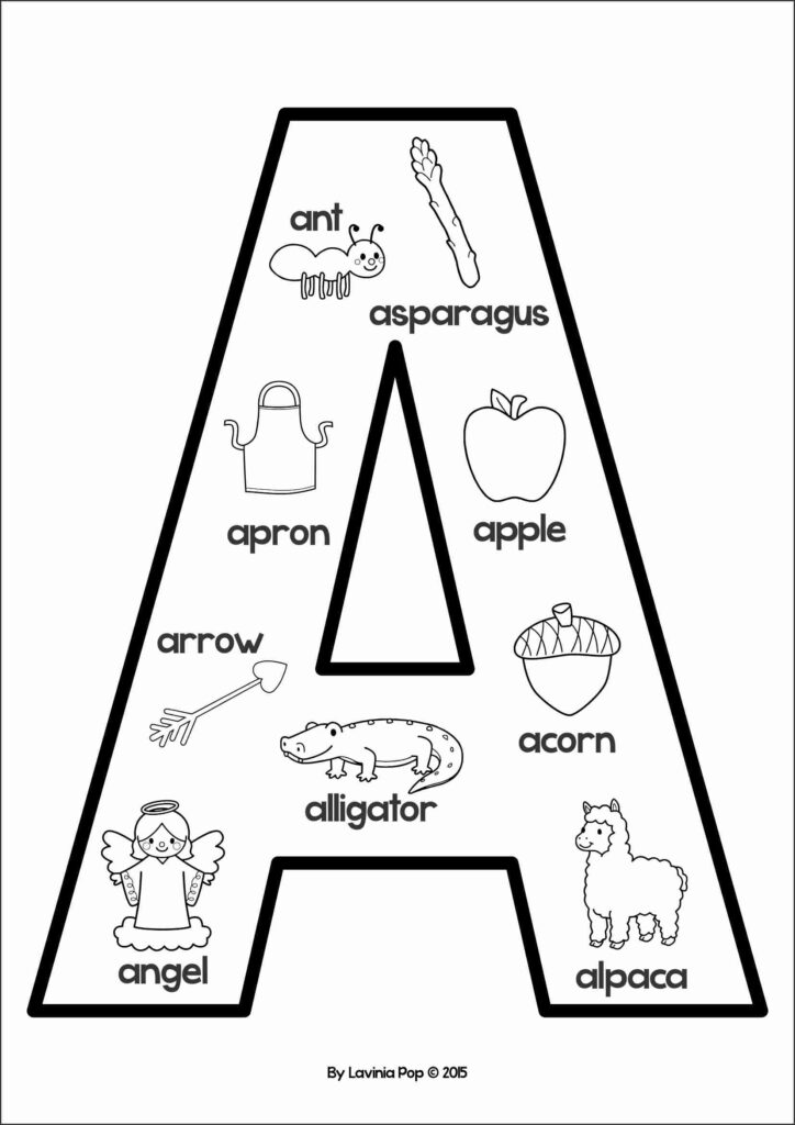 Black and white letter A Alphabet Anchor Chart with pictures for ant, asparagus, apron, apple, arrow, acorn, alligator, angel, and alpaca.
