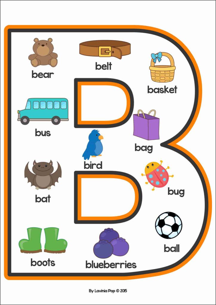 Colored letter B Alphabet Anchor Chart with pictures for bear, belt, basket, bus, bag, bird, bat, bug, boots, blueberries, and ball.