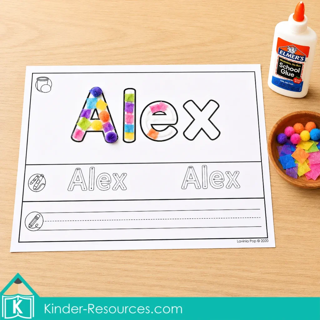 Editable name mat for Alex decorated with tissue paper and pom poms using Elmer’s School Glue