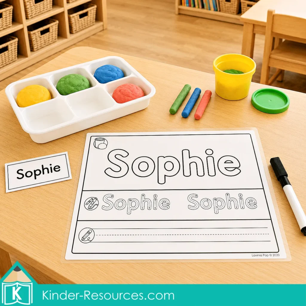 Editable name play dough mat for Sophie prepared with colorful play dough, an Expo marker, and a matching name card