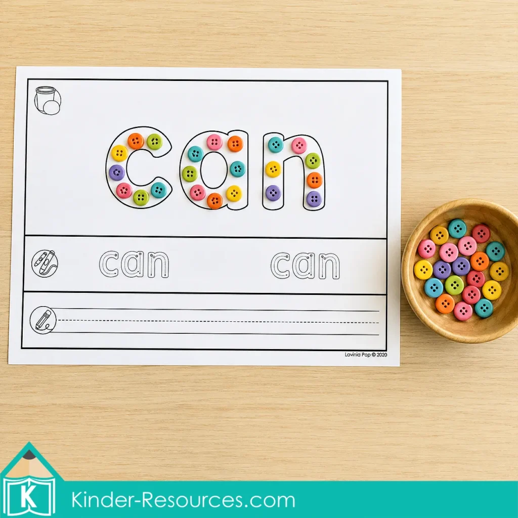 Editable sight word mat using colorful buttons to build the word can before tracing and writing