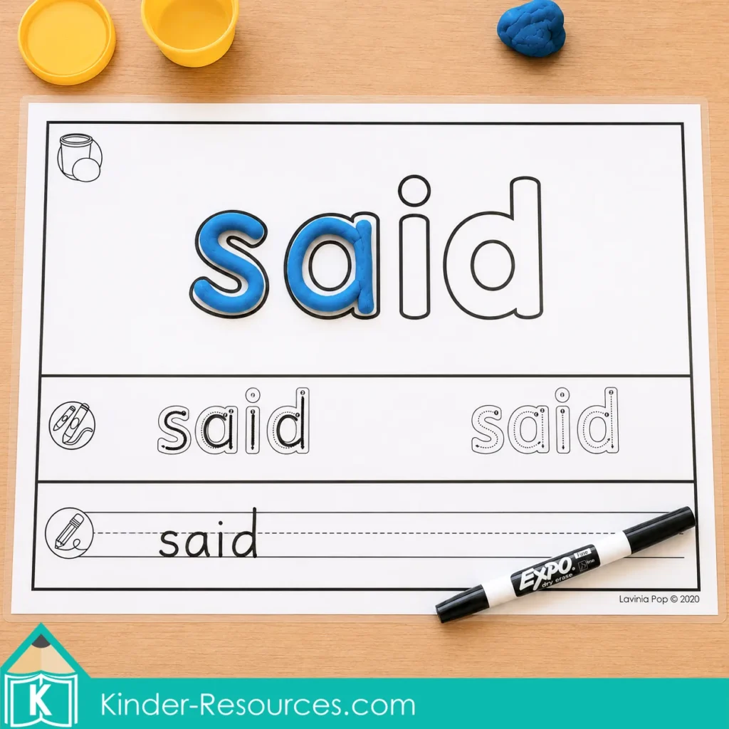 Editable sight word play dough mat showing children how to build, trace, and write the word said