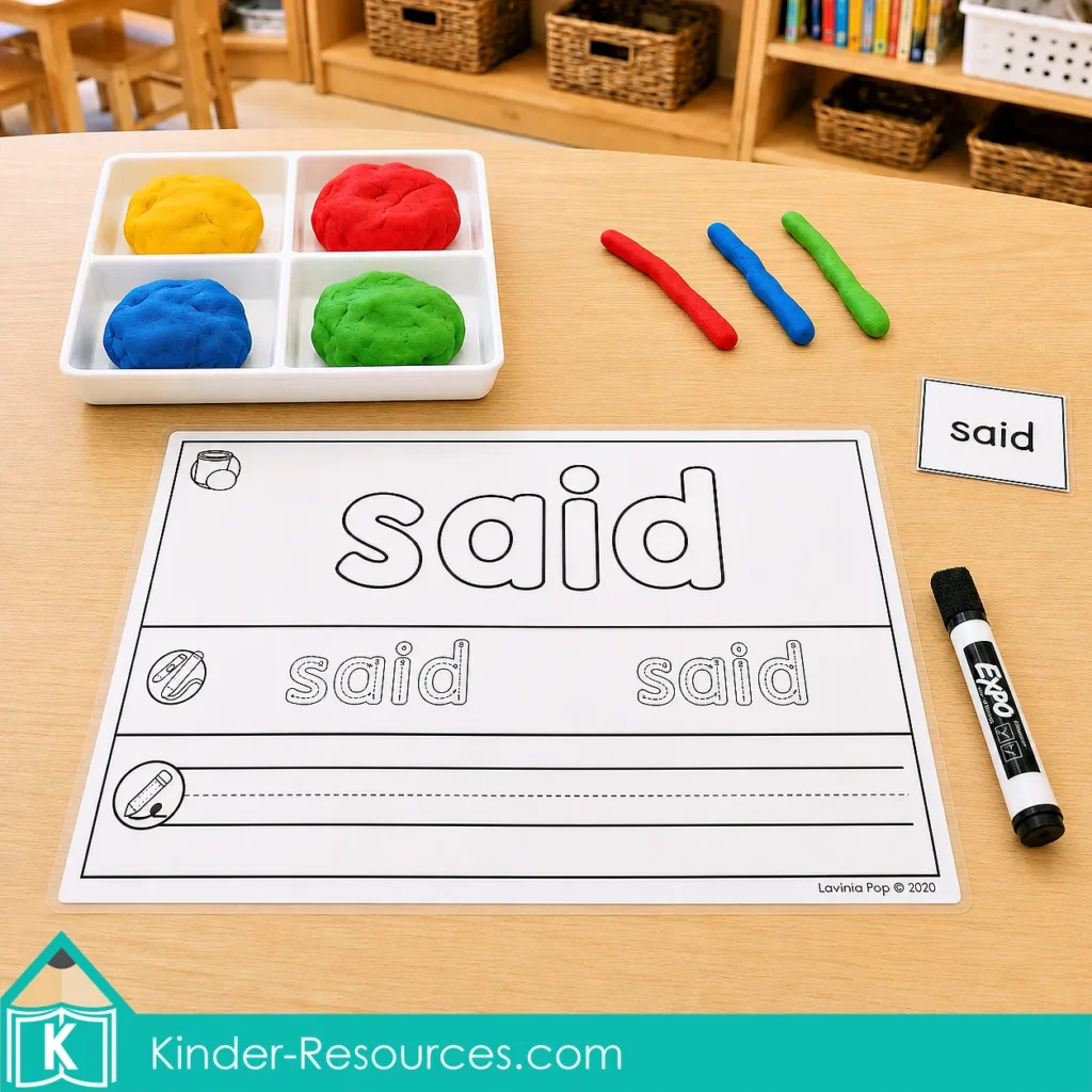 Editable sight word play dough mat for said prepared with colorful play dough, an Expo marker, and a matching word card