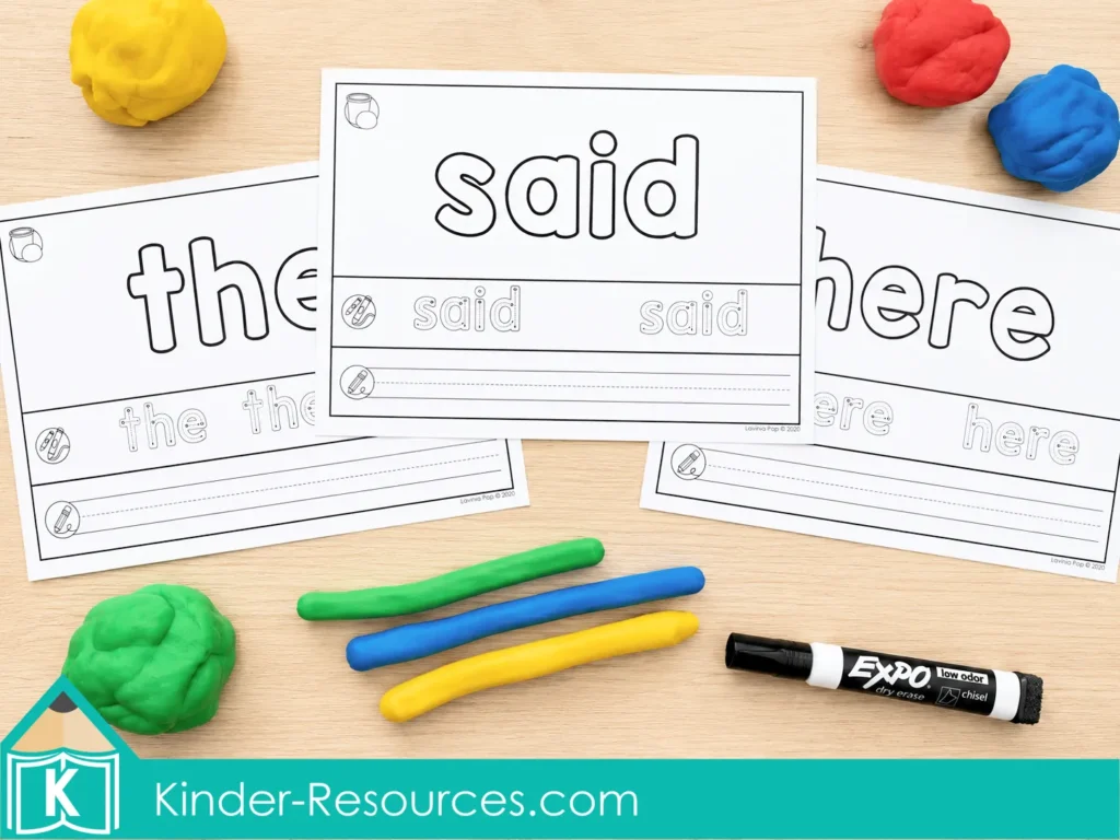 Editable sight word play dough mats featuring the words the, said, and here with colorful play dough and an Expo marker