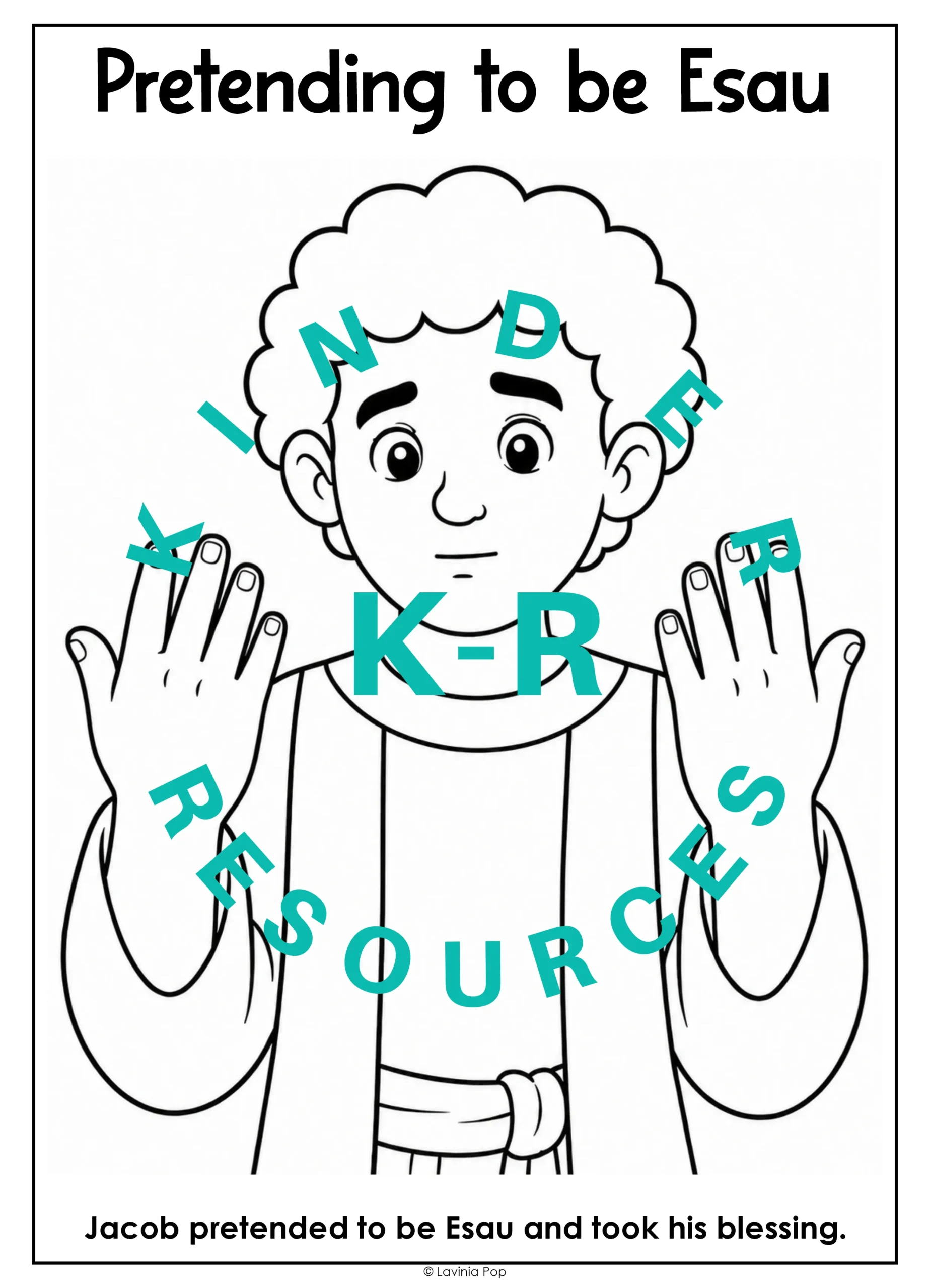 Printable Jacob Pretended to Be Esau craft template with areas for adding yarn to the backs of Jacob’s hands and around his neck.