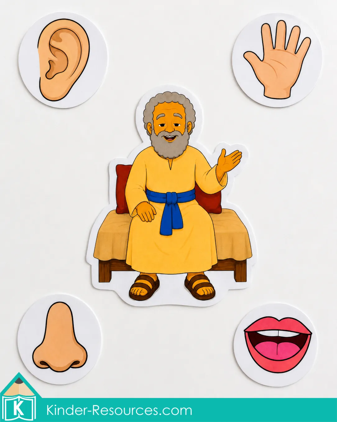 Isaac seated in the center with round ear, hand, nose, and mouth cards arranged around him for a preschool Bible matching activity.