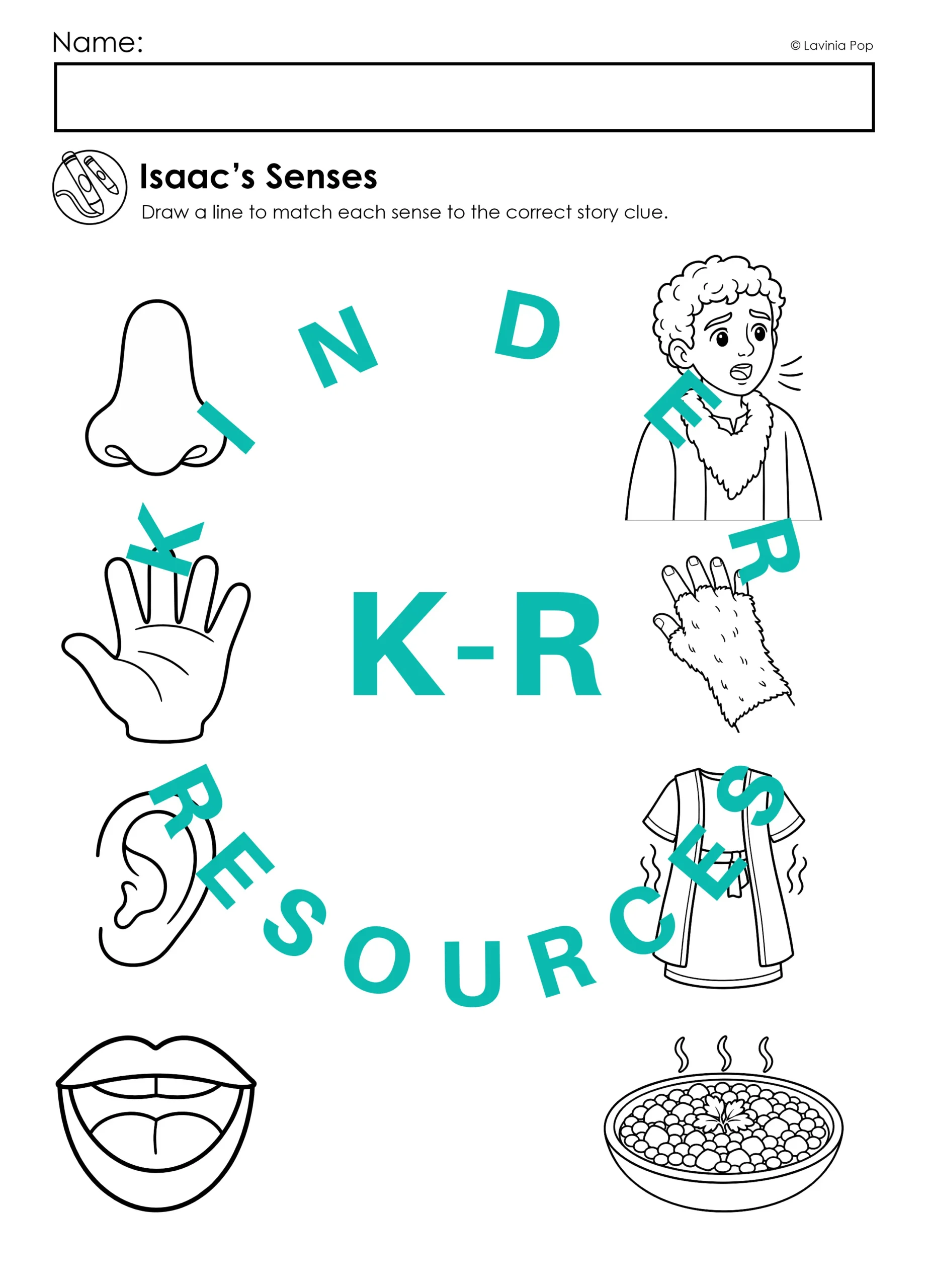 Preschool worksheet asking children to draw lines matching hearing, touch, smell, and taste to the correct clues from Jacob taking Esau’s blessing.