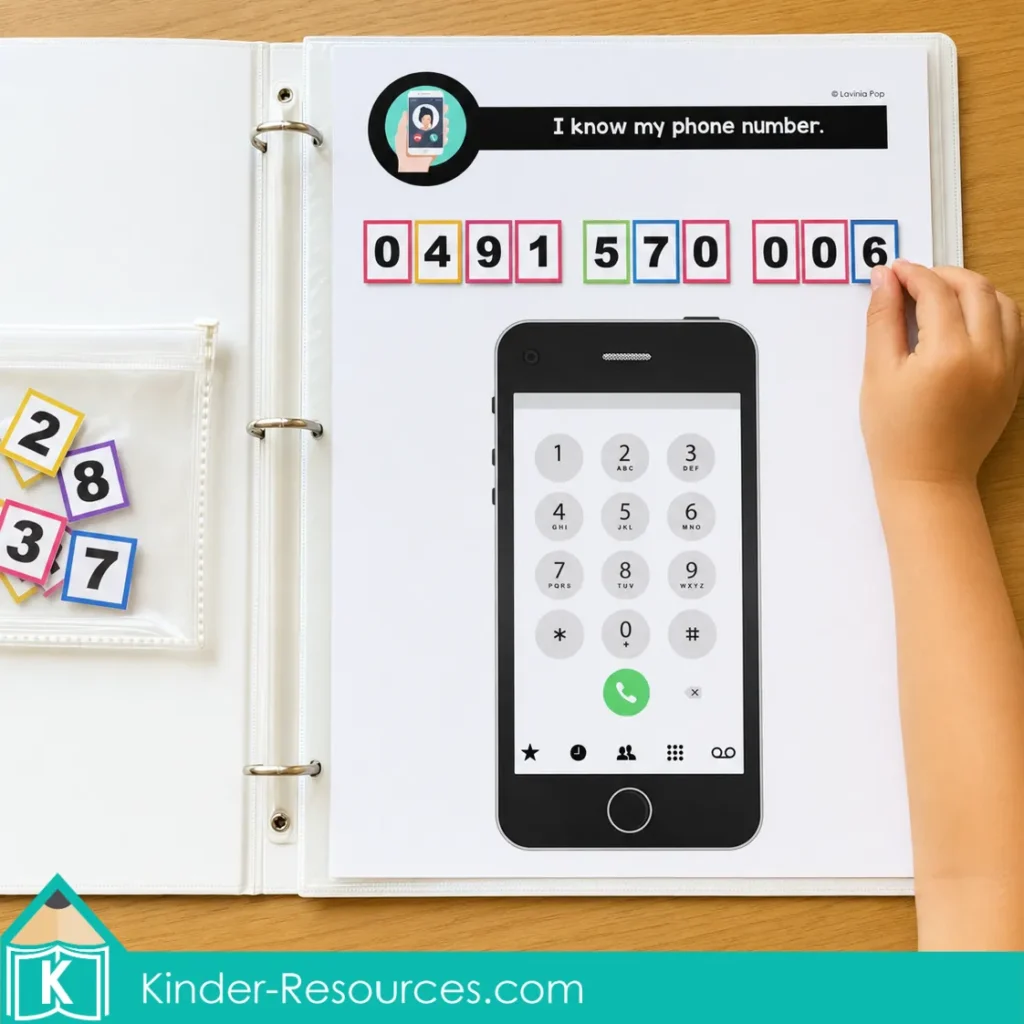 Phone Number Practice Activity where a child builds a complete number from left to right with numeral tiles. Image 3