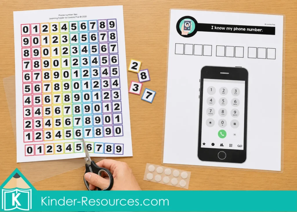 Phone Number Practice Activity prepared by cutting numeral tiles and adding hook and loop dots to a laminated mat.