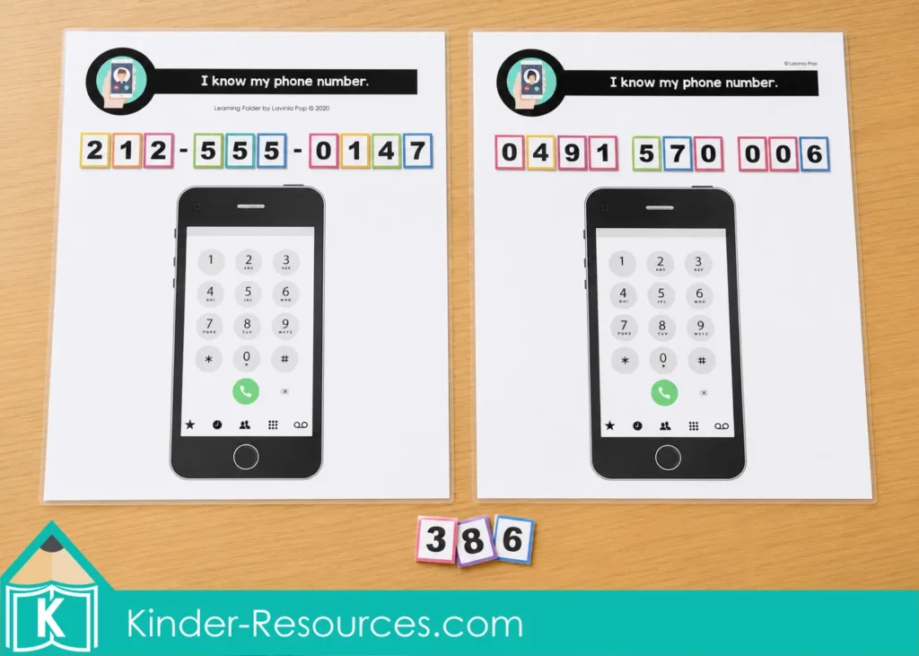 Phone Number Practice Activity mats with 3 3 4 and 4 3 3 layouts for US, Canadian, and Australian numbers.