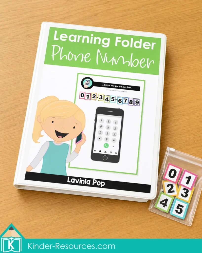 Phone Number Practice Activity stored in a binder with colorful numeral tiles ready for repeated learning.