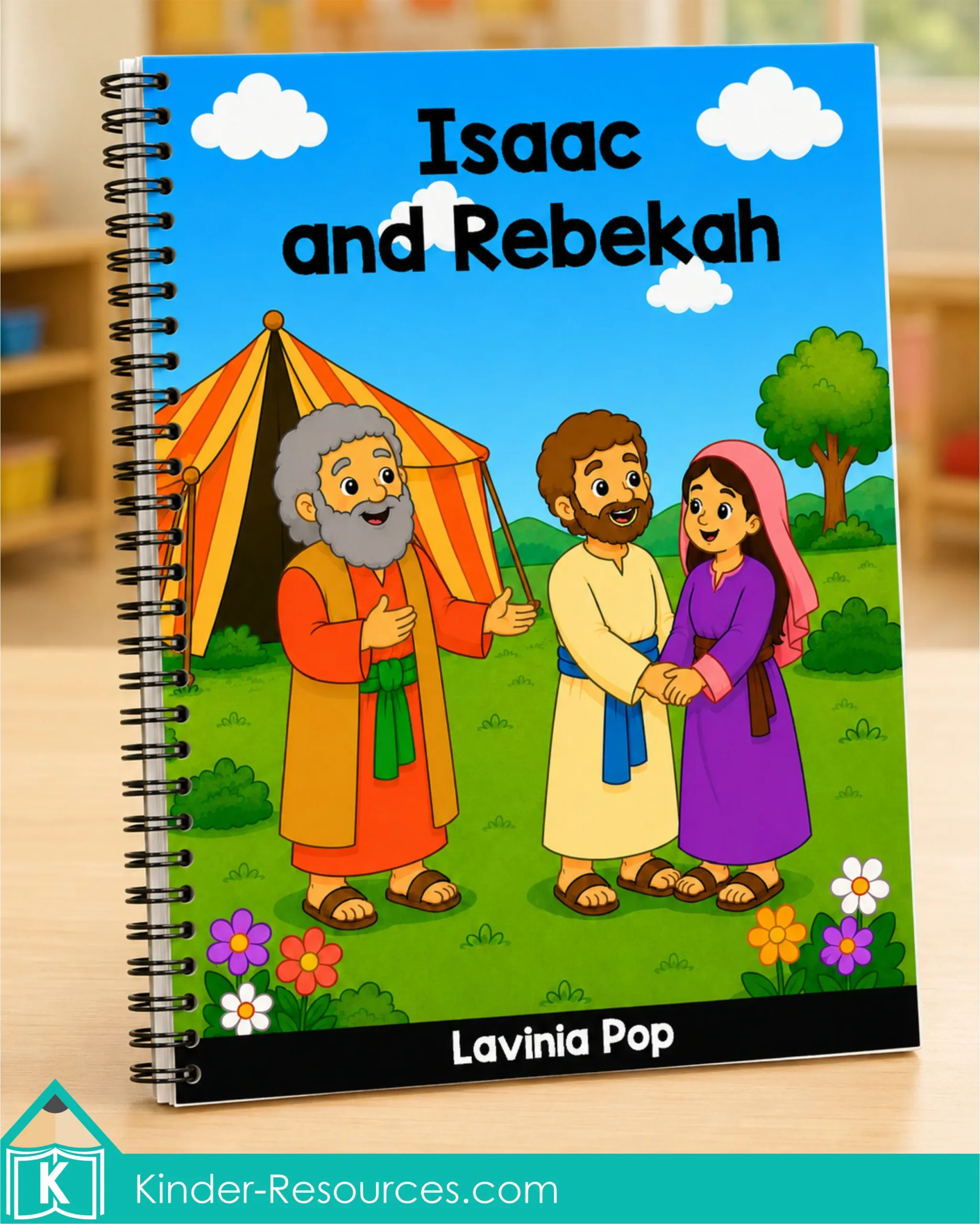 Isaac and Rebekah Preschool Bible Storybook Printable Isaac and Rebekah preschool Bible storybook displayed as a spiral-bound book with Abraham, Isaac, Rebekah, and a tent on the cover.