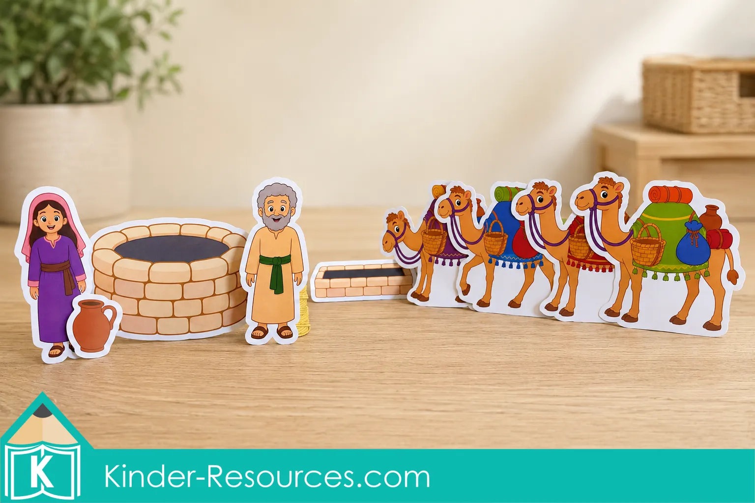 Isaac and Rebekah Preschool Bible Retelling Props Isaac and Rebekah preschool Bible retelling scene with Rebekah, Abraham’s servant, a stone well, water trough, clay jar, and four loaded camels.