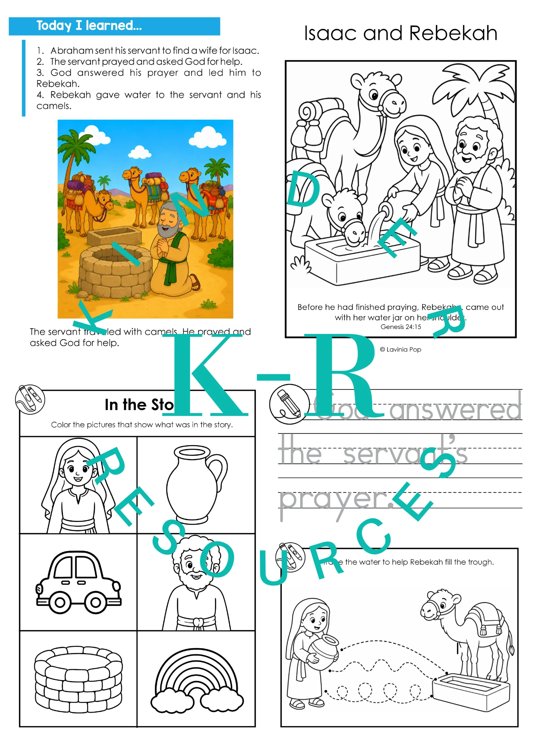 Isaac and Rebekah Take-Home Booklet Activities Isaac and Rebekah take-home booklet pages with story review, a colouring cover, lesson-truth tracing, water-path tracing, and an In the Story activity.