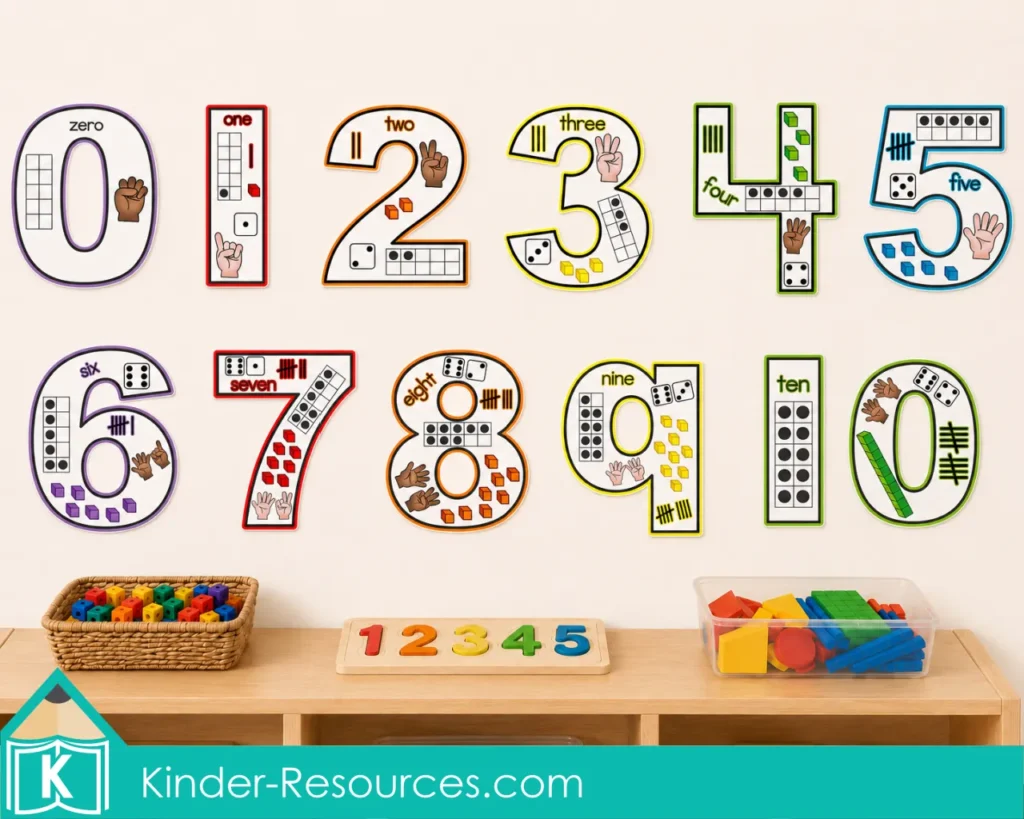 Colorful Number Anchor Charts 0 to 10 arranged in two rows above a kindergarten math shelf with counting cubes, number puzzles, and classroom manipulatives.