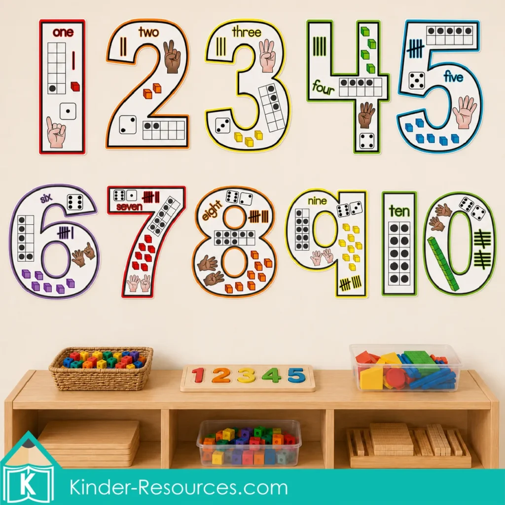 Colorful Number Anchor Charts 1 to 10 displayed in two rows above a kindergarten math shelf with counting cubes, puzzles, shapes, and base ten blocks.