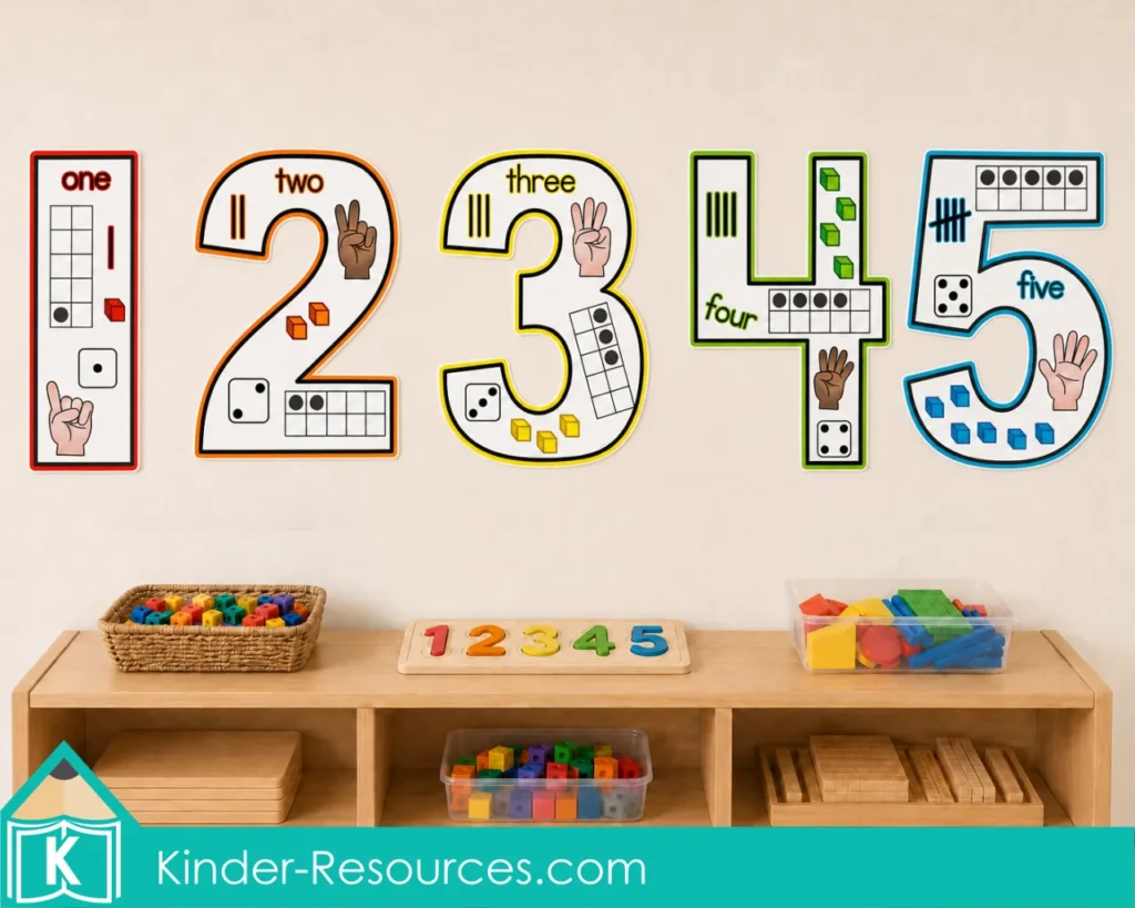 Colorful Number Anchor Charts 1 to 5 displayed at equal size above a wooden kindergarten math shelf with counting cubes, a number puzzle, and math manipulatives.