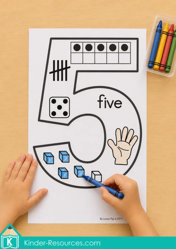 Kindergarten child coloring the cubes on a black and white number 5 anchor chart featuring a number word, ten frame, tally marks, die, and hand representation.