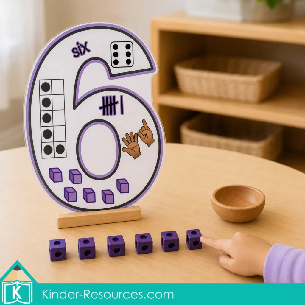 Laminated number 6 anchor chart displayed at a kindergarten math center while a child points to six purple counting cubes arranged in a row.