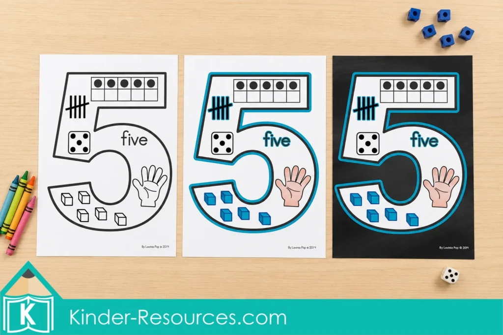 Number 5 anchor chart shown in three formats: black and white, color with a white background, and color with a chalkboard background.
