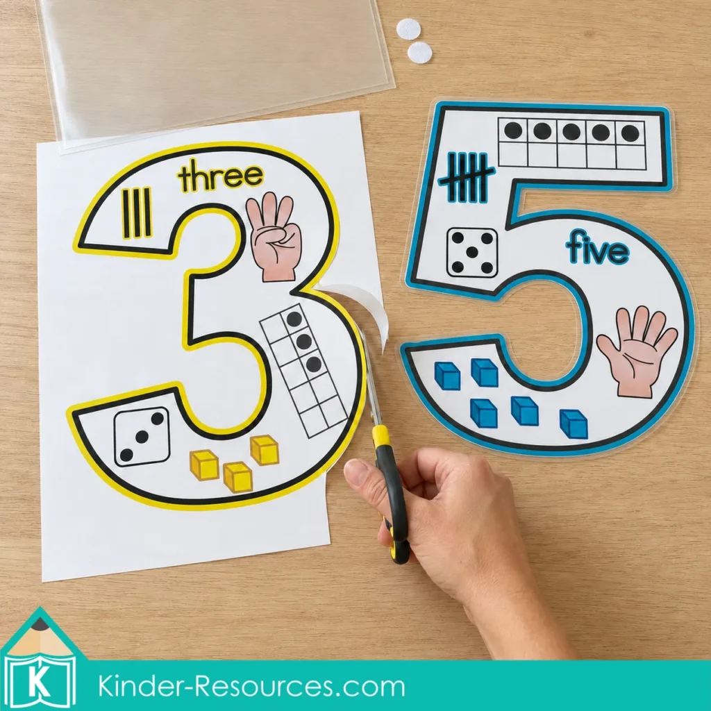 Teacher cutting a colorful number 3 anchor chart beside a laminated number 5 chart, an A4 laminating pouch, and adhesive dots on a wooden table.