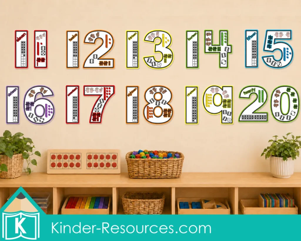 Colorful number anchor charts for numbers 11 to 20 displayed on a kindergarten classroom wall with ten frames, tally marks, fingers, dice, and base ten blocks.