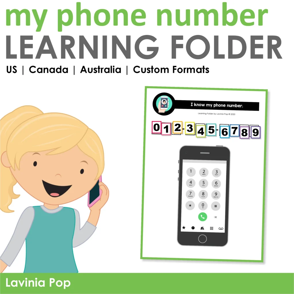 Phone number practice learning folder cover showing numeral tiles, a realistic keypad, a child illustration, and multiple phone number formats.
