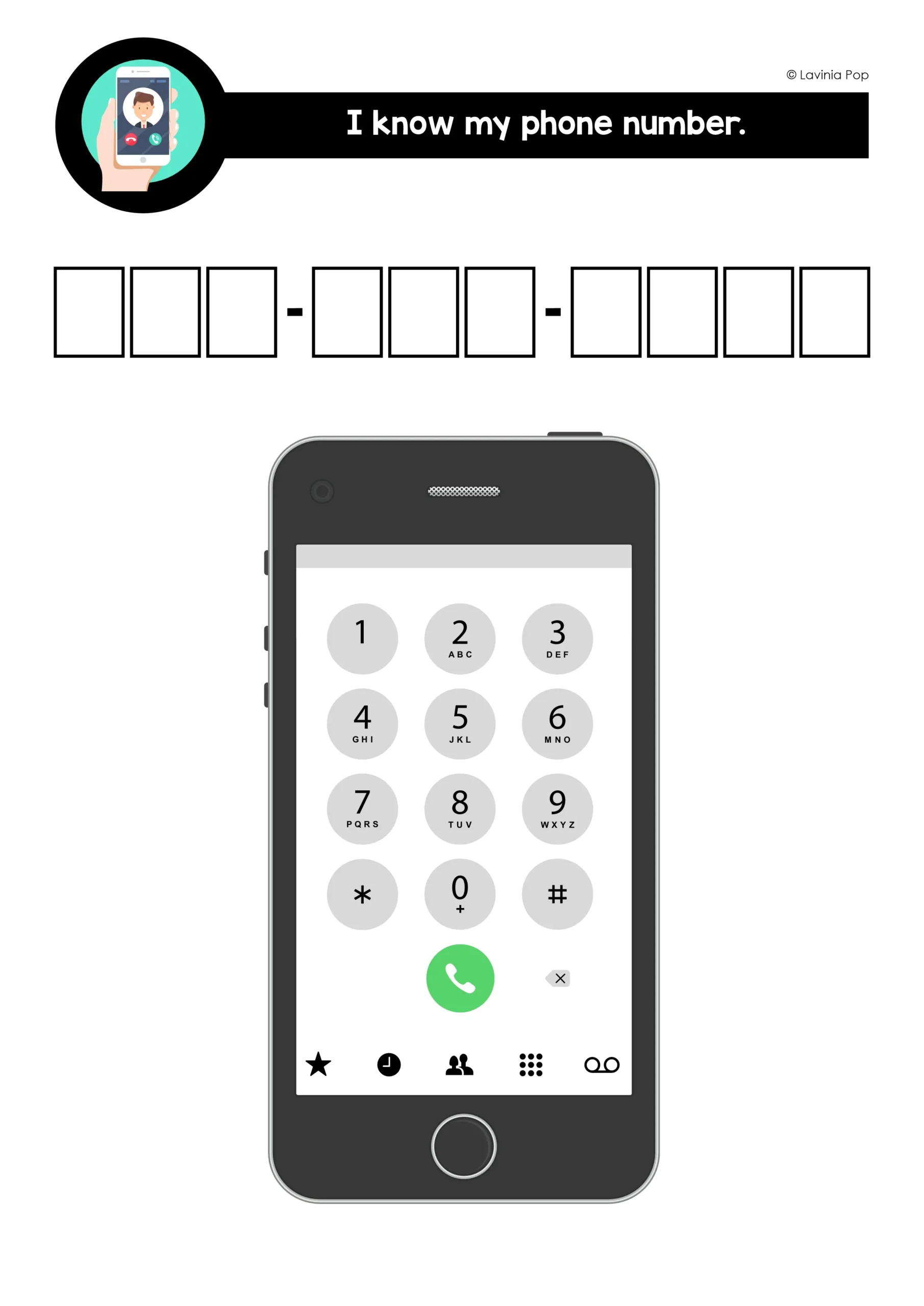 Printable phone number practice mat with a boy illustration, ten numeral boxes in a 3 3 4 format, and a realistic phone keypad.