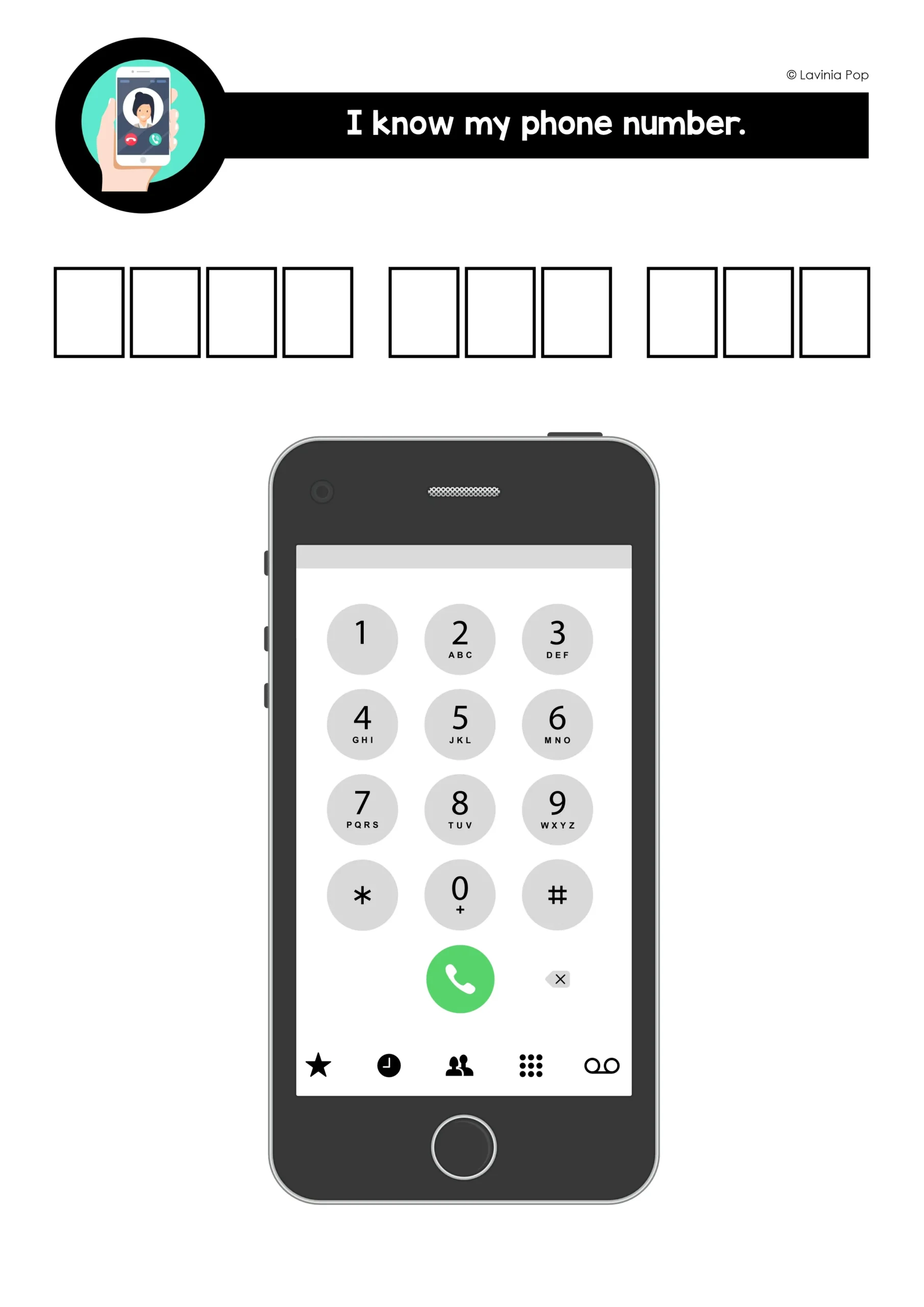 Printable phone number practice mat with a girl illustration, ten numeral boxes in a 4 3 3 format, and a realistic phone keypad.