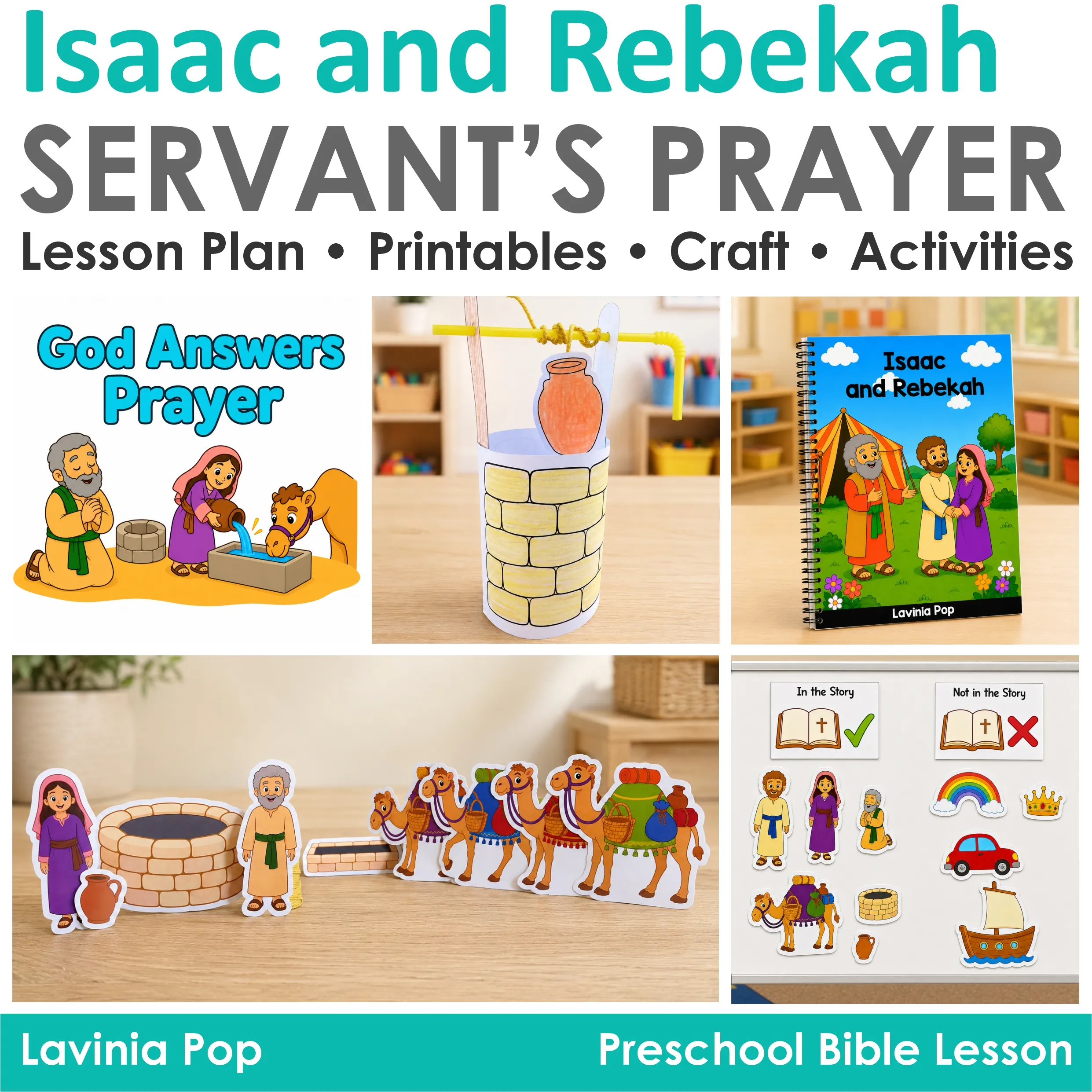 Isaac and Rebekah Preschool Bible Lesson Printable Pack Isaac and Rebekah preschool Bible lesson cover featuring the storybook, interactive well craft, retelling props, sorting activity, and servant’s prayer graphic.