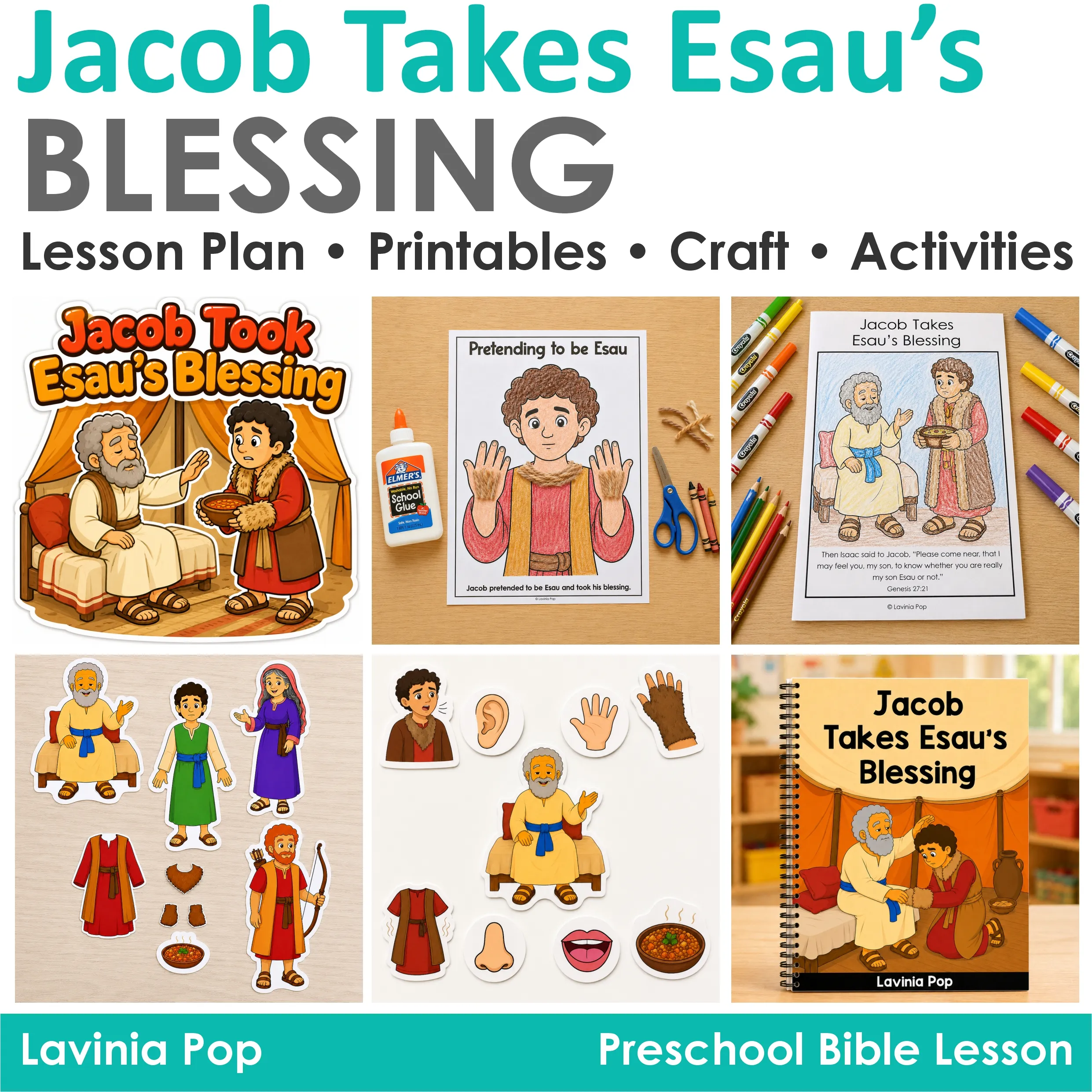 Preschool Bible lesson about Jacob taking Esau’s blessing with printable activities, craft, storybook, matching cards, retelling props, and take home booklet.