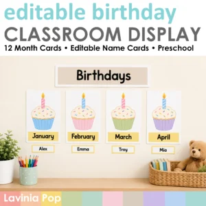 Editable classroom birthday display with a Birthdays header, four cupcake month cards and personalized name cards arranged on a preschool classroom wall.